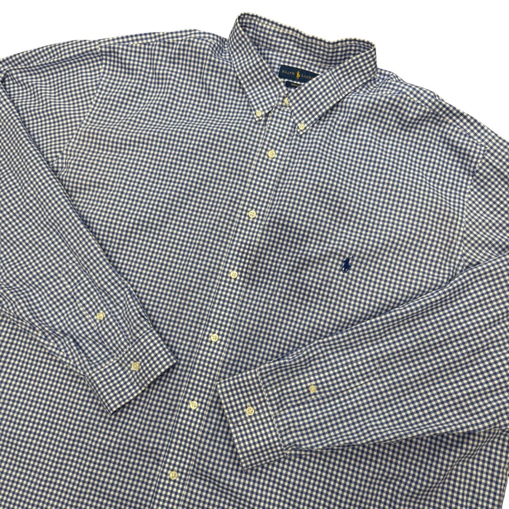 Ralph Lauren Button Down Shirt Mens 4XLT Blue Gingham Easy Care Long Sleeve Pony